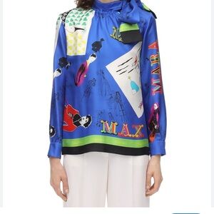 MaxMara Blue Silk Twill Graphic Print Blouse